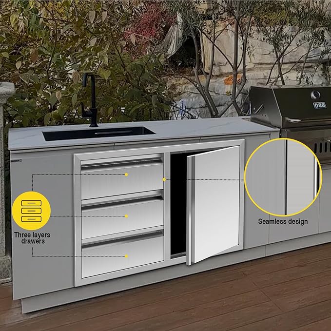 Outdoor Kitchen Drawer Combo, Stainless Steel Triple Drawers & 2 Trash Can Drawers, Enclosed Built-in Drawer Flush Mount For Outdoor Kitchens & BBQ Islands,G4