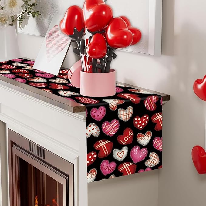 Valentines Day Decorations Table Runner Love Hearts Black Kitchen Dining Table Decor Holiday Anniversary Indoor Outdoor Party Suppies 108×13 Inch