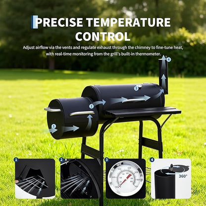 Garvee Charcoal Grills with Offset Smoker, Outdoor BBQ Grill with Handle and Wheels, Barrel Barbecure Smoker Grill Combo for Camping Picnic Patio Backyard Party