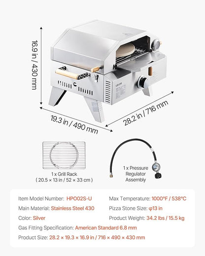 VEVOR 2 IN 1 Outdoor Pizza Oven, 13 in Propane Pizza Oven & Grill, 12,000 BTU Tabletop Propane Gas Oven with Pizza-Stone, Thermometer, Stainless Steel Portable Grill, for Camping & Backyard