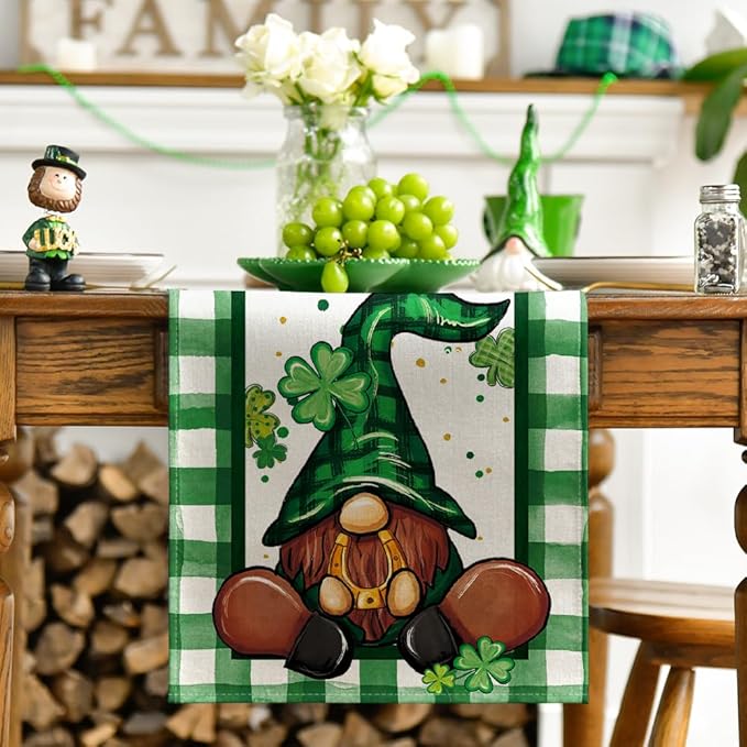 Artoid Mode Shamrock Lucky Buffalo Plaid Gnomes St. Patrick's Day Table Runner, Kitchen Dining Table Decor for Outdoor Home Party Decor 13 x 48 Inch