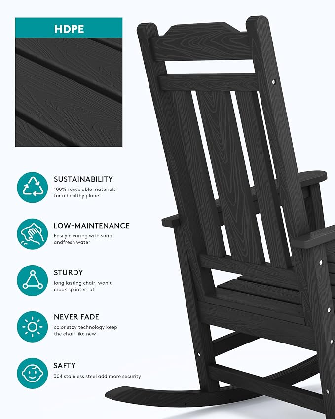 SERWALL HDPE Oversized Outdoor Rocking Chairs Set of 2, Patio Rocker, All - Image 5