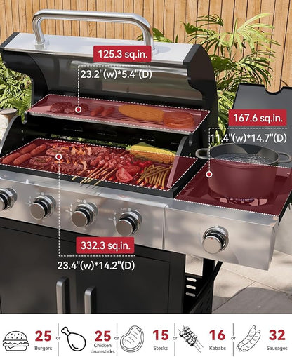 Aoxun 4-Burner Propane Grill with Side Burner, 49000 BTU Gas Grill, Stainless Steel Outdoor Grill with Cast Iron Grates & Side Tables for Backyard, Patio, Camping
