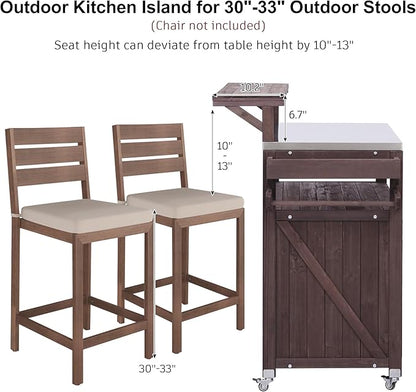 53.3" Outdoor Kitchen Island with Stainless Steel Top, Rolling Grill Cart with Adjustable Shelves, Raised Shelf, Lockable Wheels, Portable Outdoor Table and Bar Storage Cabinet for Patio
