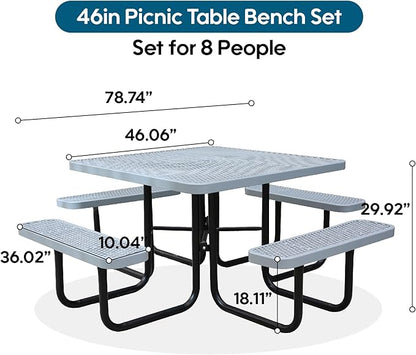 46'' Square Metal Picnic Table for Outdoors, Commercial Steel Metal Picnic Tables, Heavy Duty Sturdy Picnic Tables Furniture Set for Patio Garden Courtyard BBQ, with Umbrella Hole, Grey
