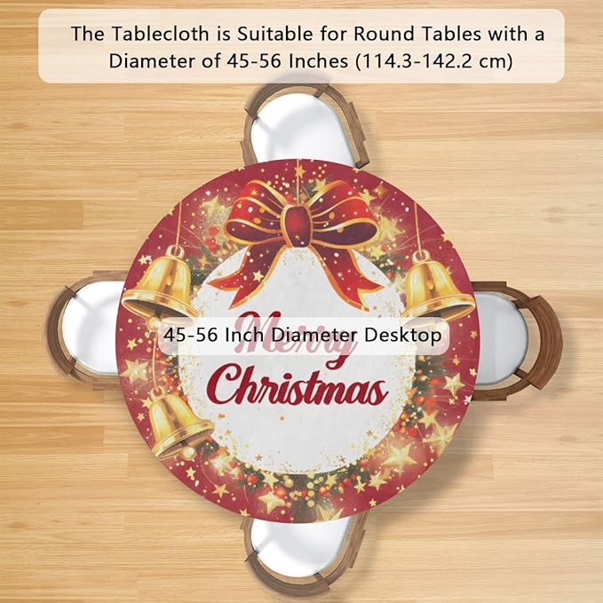 Merry Christmas Bell Bow Round Table Cloth Cover, Elastic Edge Waterproof Wipeable Tablecloths 45"-56" Polyester Tablecloth for Party Restaurant Banquet Holiday Camping Outdoor Picnic