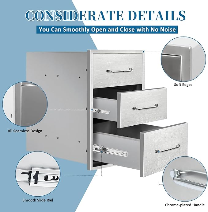 Outdoor Kitchen Drawers 14" Wx21 Hx21 D Flush Mount Access 3-Drawer BBQ Stainless Steel Drawers with Handle for Outdoor Kitchen Island or Grill Station