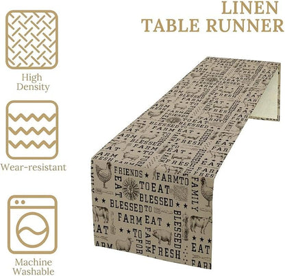 Farmhouse Animal Table Runner, Vintage Country Cow Chicken Sheep Pig Rustic Western Windmill Print Table Runner for Home Dining Kitchen Table Indoors Outdoors Party, 13x60inch