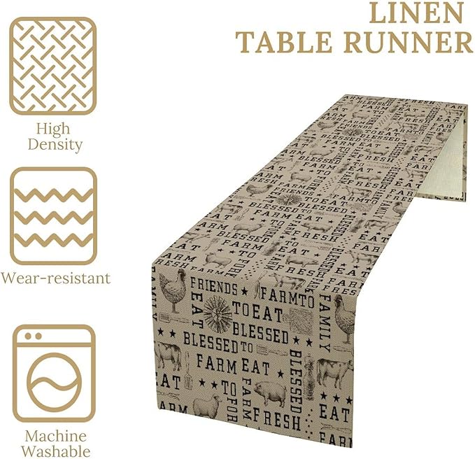 Farmhouse Animal Table Runner, Vintage Country Cow Chicken Sheep Pig Rustic Western Windmill Print Table Runner for Home Dining Kitchen Table Indoors Outdoors Party, 13x70inch