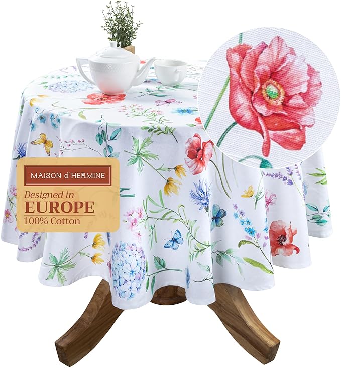 Maison d' Hermine Table Cloth Round Table 100% Cotton 63 Inches Tablecloth Reusable Decorative Everyday Use for Dining Room, Farmhouse, Home, Party, Festive & Wedding Spring Summer - Just Floral