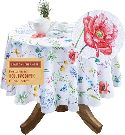Maison d' Hermine Table Cloth Round Table 100% Cotton 63 Inches Tablecloth Reusable Decorative Everyday Use for Dining Room, Farmhouse, Home, Party, Festive & Wedding Spring Summer - Just Floral