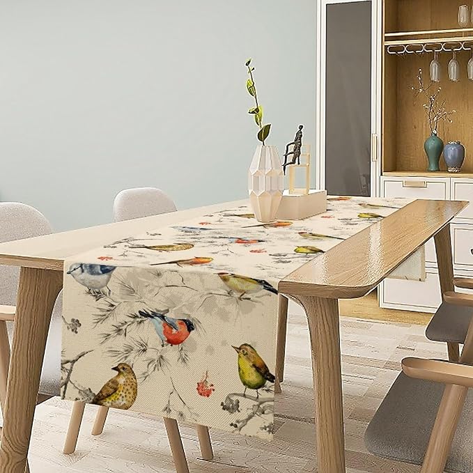 Vintage Bird Table Runner,Watercolor Winter Perching Birds Table Decoration for Kitchen Dining Table Holiday Indoor Outdoor Home Party Decor 13x90in