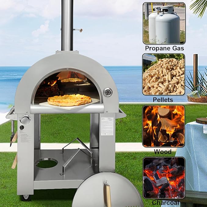 32.5" Wood Fired & Propane Gas Pizza Oven with Open Shelf and Wheels, Large Outdoor Oven for BBQ, Grilling, Stainless Steel Pizza Oven for Outdoor, Backyard and Party (Silver without Cover)
