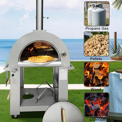32.5" Wood Fired & Propane Gas Pizza Oven with Open Shelf and Wheels, Large Outdoor Oven for BBQ, Grilling, Stainless Steel Pizza Oven for Outdoor, Backyard and Party (Silver without Cover)