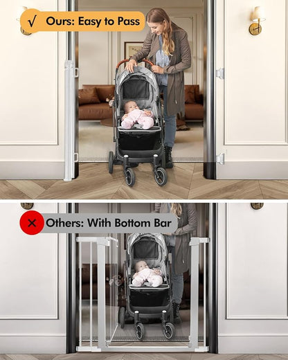 Retractable Baby Gate for Stairs & Doorways, 55" Wide x 33.6" Tall Easy Installation Mesh Dog Gate for Indoor & Outdoor Use,Pet and Dog Safety Gate for Hallways(White)