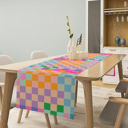 Retro Checkered Table Runner, Bright Rainbow Colorful Modern Groovy Aesthetic Table Runner for Dining Kitchen Party Home Wedding Banquet 13x70in