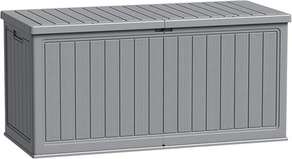 Flamaker Resin Deck Box 270 Gallon, Waterproof Imitation-Wood Lockable Storage Box with Separator Plate Outdoor Indoor, Garden, Patio Furniture for Tools&Pool Accessories (Gray)