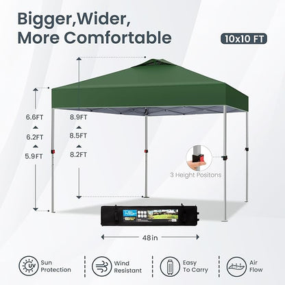PHI VILLA 10x10 Pop Up Canopy Tent Easy Outdoor Sun Shade for Events Party Tent, 100 Sq. Ft of Shade, Green