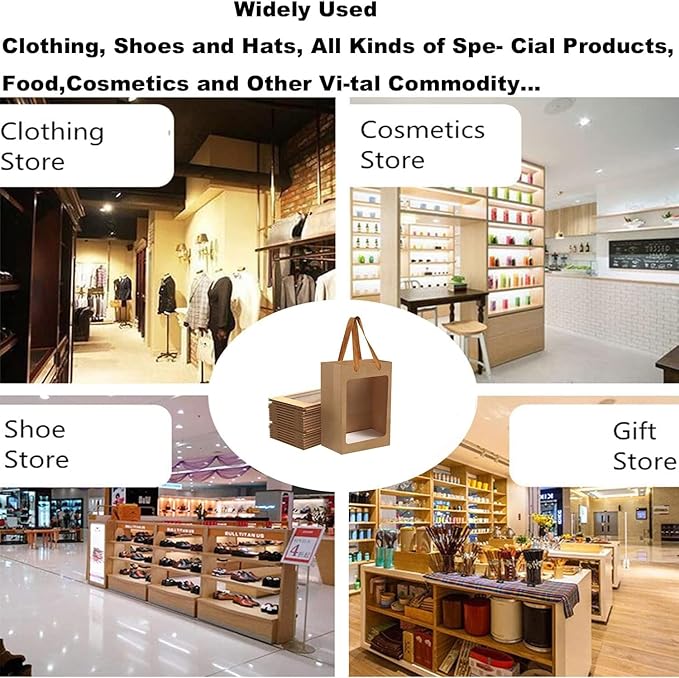 6 Pcs Brown Paper Gift Bags with Transparent Window, 9.84"x7.0"x5.12" Kraft Shopping Bags with Handles for Bouquet Christmas Birthdays Festivals Party Weddings Wrapping