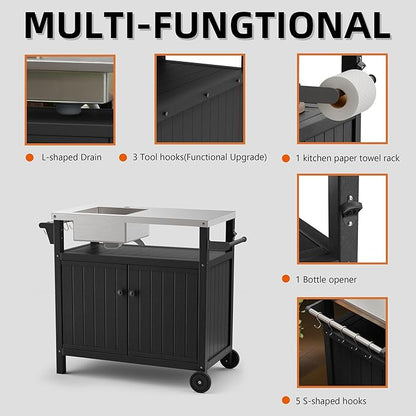 TORVA Multi-Functional Outdoor Grill Cart with Sink,Cabinet and Cover, 42 inch Freestanding Modular Kitchen Sink Station in 304 Stainless Steel&HDPE, All Weather Use BBQ Table, Black