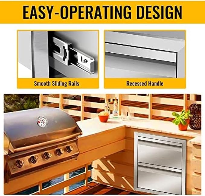 Outdoor Kitchen Drawers, Flush Mount Triple Access BBQ Drawers With Stainless Steel Handle, BBQ Island For BBQ Island Patio Grill Station,Double Drawers