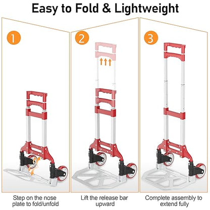 Folding Hand Truck - Aluminum Portable Dolly Cart with Telescopic Handle, Bungee Cord - Compact Lightweight Foldable Luggage Cart for Moving, Home, Auto, 180lbs, Red