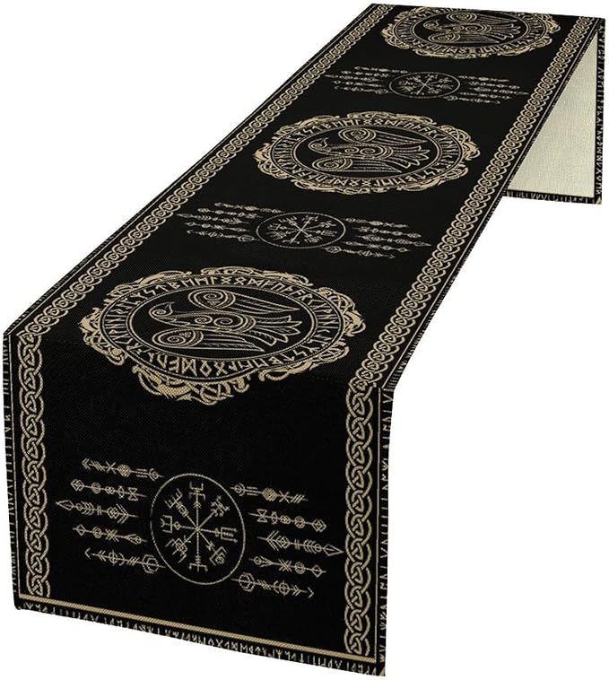 Nordic Vikings Table Runner, Viking Raven Rune Mythology Aesthetic Table Runner for Outdoor Kitchen Dining Home Party 13x120in