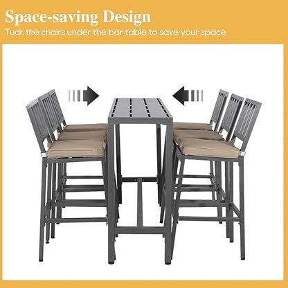 Outdoor Patio Bar Set, Bar Height Patio Dining Set, Weather-Resistant Bistro Counter Pub Set with Cushions & Slatted Tabletop for Backyard (Gray, 63" Table, 6 "I Style Stool)