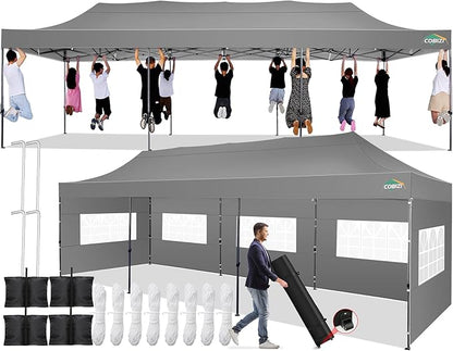 COBIZI 10x30 Pop up Canopy Tent 10x30 Canopy with 8 Sidewalls Waterproof Heavy Duty Commercial Canopy Tent for Parties Outdoor Garden Gazebo, Carry Bag with Wheel(10x30ft, Gray)