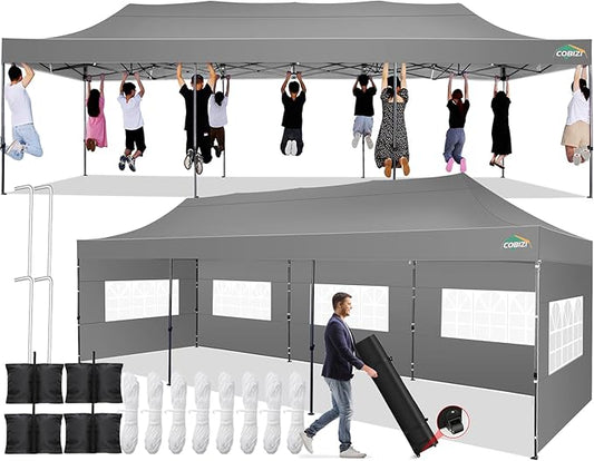 COBIZI 10x30 Pop up Canopy Tent 10x30 Canopy with 8 Sidewalls Waterproof Heavy Duty Commercial Canopy Tent for Parties Outdoor Garden Gazebo, Carry Bag with Wheel(10x30ft, Gray)