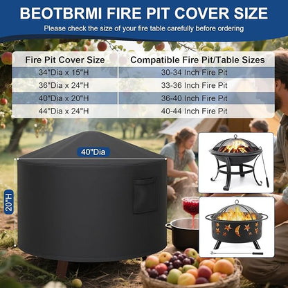Fire Pit Cover Round, Heavy Duty Waterproof Patio Fire Bowl Cover, Outdoor Firepit Cover with Drawstring and Air Vents for Fire Pit 36-40 Inches