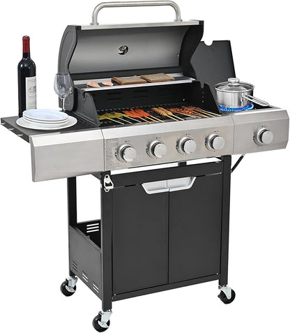 Zateety 4 Burner Propane Grill - 42,000 BTU Gas Grill with Side Burner, Stainless Steel with Iron Cast Grates for Outdoor Cooking, Patio, Camping BBQ, Garden Barbecue Grill, Black and Silver