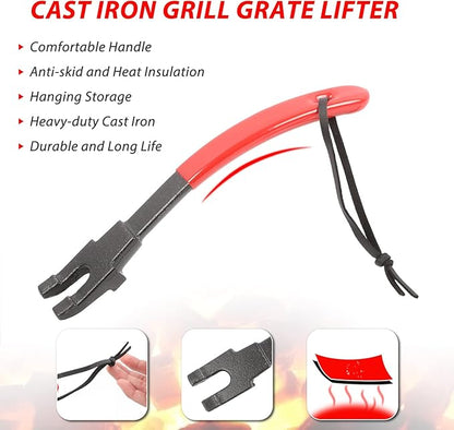 KAMaster Cast Iron Grill Grate Lifter,Grid Lifter Gripper Work for Big Green Egg Accessories Kamado Grill Joe Primo Vision Louisiana Grills,Grate Lifters with Red Protective Cover for Moving Hot Grate