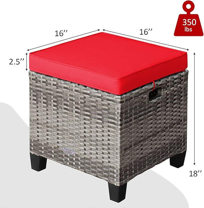 Tangkula 2 Pieces Patio Rattan Ottomans, Outdoor Wicker Footstool Footrest Seat with Soft Cushions and Steel Frame, All-Weather Patio Ottoman Set for Backyard Garden Poolside