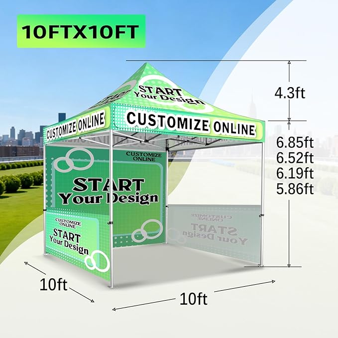 10x10FT Custom Pop Up Canopy Tent with Logo Personalized Trade Show & Event Heavy Duty Aluminum Folding for Outdoor Markets, Business Branding Advertising (Top Canopy+1 Full Wall+2 Half Walls)