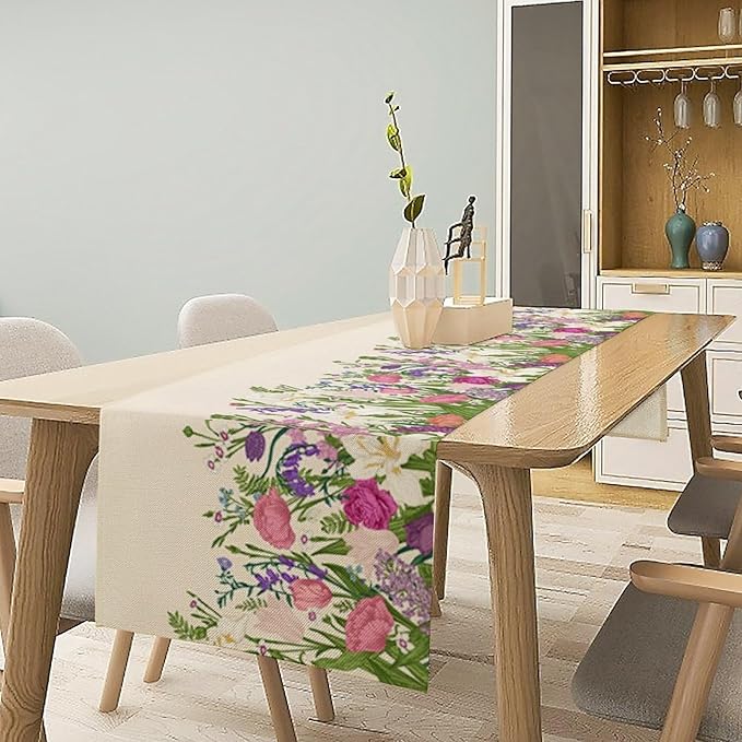 Floral Table Runner,Watercolor Spring Summer Seasons Pink Purple Flowers Table Decoration for Wedding Holiday Indoor Outdoor Home Party 13x90in