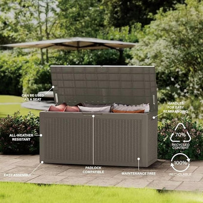 100 Gallon Resin Deck Box, Waterproof Outdoor Storage Bin for Patio Furniture, Pool Accessories, and Garden Tools, Lockable & UV-Resistant, Grey