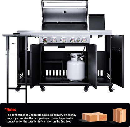 Brand-Man Propane Gas Grill Island Outdoor Kitchen & Storage Cabinets, 52000 BTUs Stainless Steel Burner Patio Cooking BBQ Grill with Side Burner - Natural Gas Convertible, Black (5 Burner)