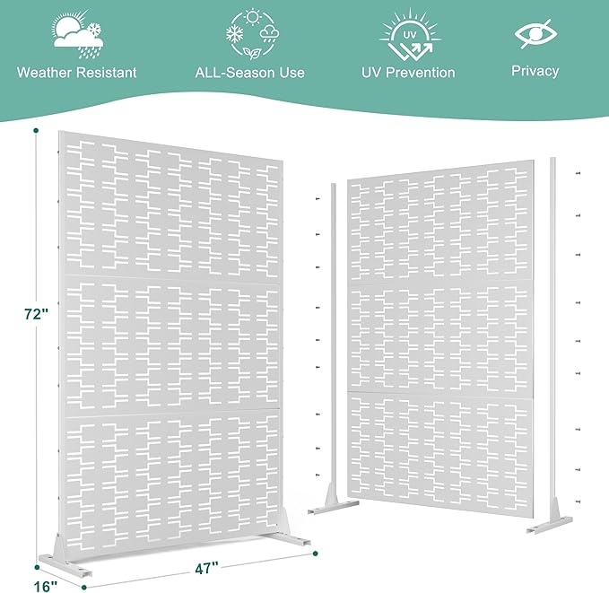 Metal Privacy Screen for Outdoor & Indoor Use, Free Standing Privacy Screen for Patio Garden Pool, 72" H x 47" W Decoative Privacy Panels, Weather Resistant, Easy Assembly (White Brick)