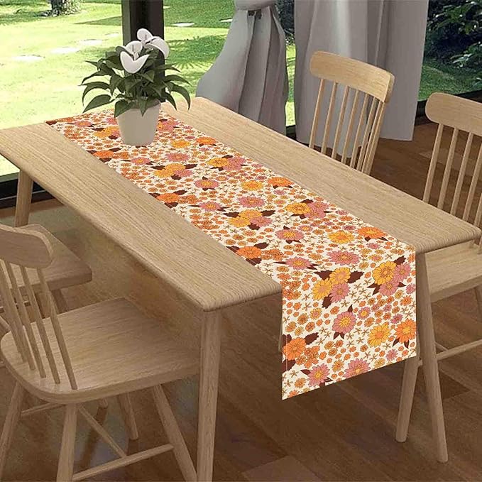 Groovy Floral Table Runner, Retro 70s Hippie Floral Funky Orange Floral Trippy Coffee Table Center Decor for Home Kitchen Dining Patio Holiday Party Indoor Outdoor Table Decorations, 13"x108" Inch