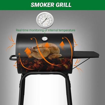 Outvita Barrel Charcoal Grill with Warming Rack, Outdoor BBQ Grill with Side Table with Nearly 268 Sq.In. Cooking Grid Area for Backyard Patio Picnic Parties Camping, Black