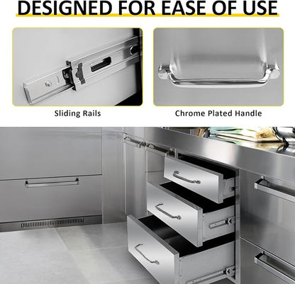 Outdoor Kitchen Drawers 14" W x 21" H x 23" D Flush Mount Triple BBQ Drawers with Chrome Handle Stainless Steel Drawer for Outdoor Kitchen Island, Patio Grill Station
