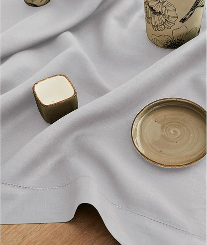 Solino Home Linen Soft Grey Table Runner 132 Inches Long - 100% Pure Linen Extra Long Table Runner 14 x 132 Inch for Spring, Easter - Classic Hemstitch