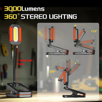 Rechargeable Work Light with Clamp, 3000LM Clip on Lamp with Magnet, Hook, Telescopic Stand, 360° Rotatable Portable LED Clamp Work Light for Boat, Job Site, Workshop, Car, Desk, Bench(1Pack)