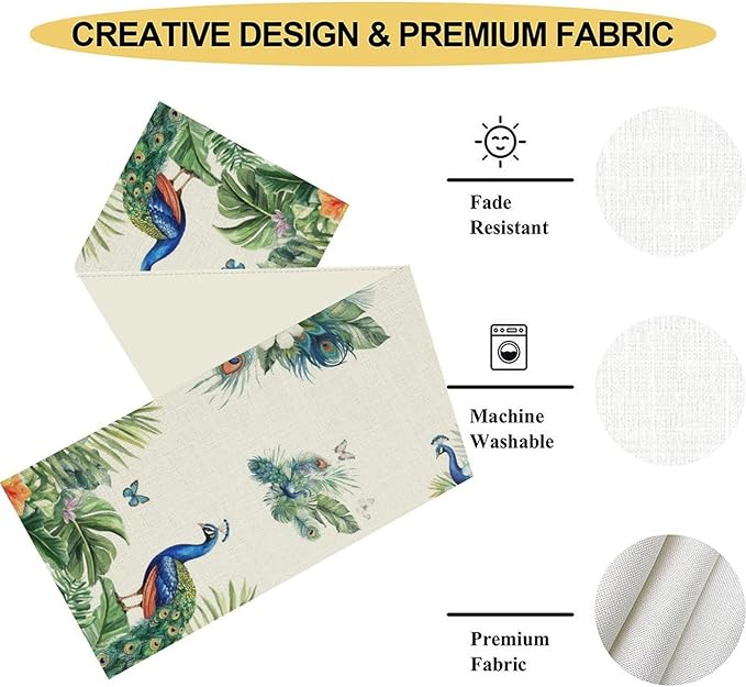 Peacock Table Runner,Traditional Chinese Style Peacock Feather Bird Floral Tropical Leaf Table Center Decor for Home Dining Kitchen Patio Holiday Party Indoor Table Decorations, 13"x72"