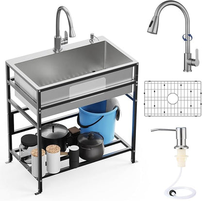30x18 Inch Stainless Steel Utility Sink-Freestanding Laundry Sink Practicality With Accessories Stainless Functional Faucet,Soap Dispenser, SS Sink Grid For Laundry,Garage,Outdoor Kitchen,Garden...