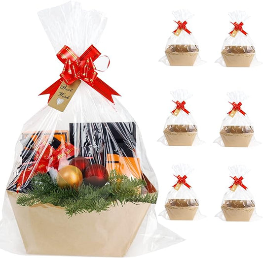 Bigger Baskets for Gifts Empty, 6 Pack Sturdy Kraft Basket With Handles Gift Basket Kit, 6 Shrink Wrap Bags, 6 Bows and Hang Tag, Empty Gift Baskets to Fill for Valentines Birthday Baby Shower