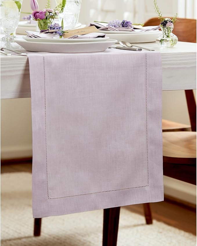 Solino Home Linen Lilac Table Runner 120 Inches Long - 100% Pure Linen Hemstitch 14 x 120 Inch Table Runner for Dining, Valentines, Spring, Easter - Classic Hemstitch