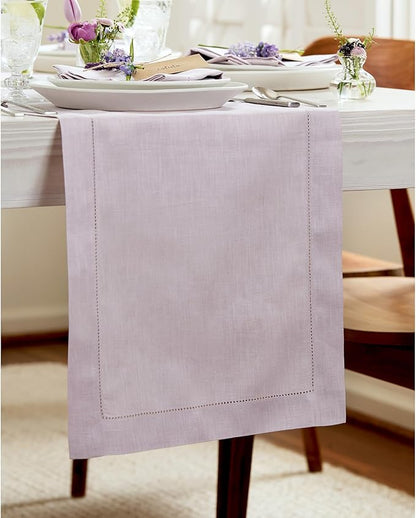 Solino Home Linen Lilac Table Runner 120 Inches Long - 100% Pure Linen Hemstitch 14 x 120 Inch Table Runner for Dining, Valentines, Spring, Easter - Classic Hemstitch