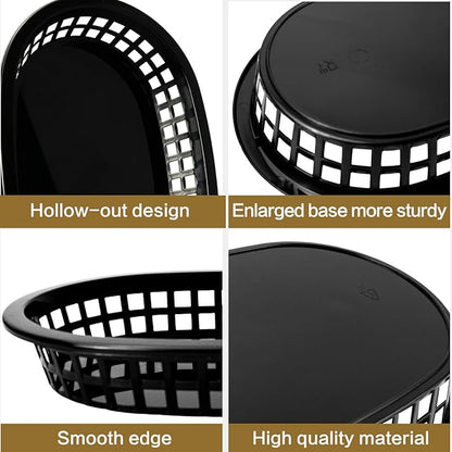 18 Pcs Fast Food Baskets, Black Oval Baskets with 100 Pcs Red Retro Style Checkered Deli Liner, Plastic Food Serving Basket for Hot Dogs, Bread, Fruit, Burgers, Home, Picnic, Restaurants